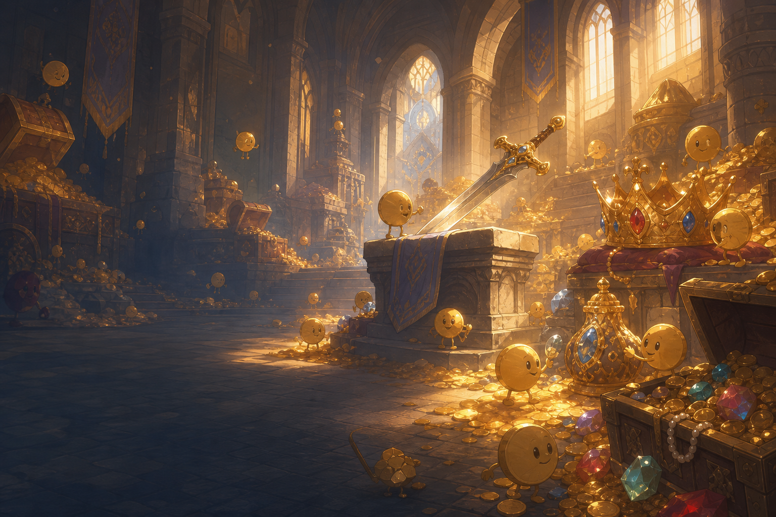 Warm anime concept-art castle treasure room filled with legendary artifacts, crowns, gems, swords, treasure boxes, and friendly coin-like companions.