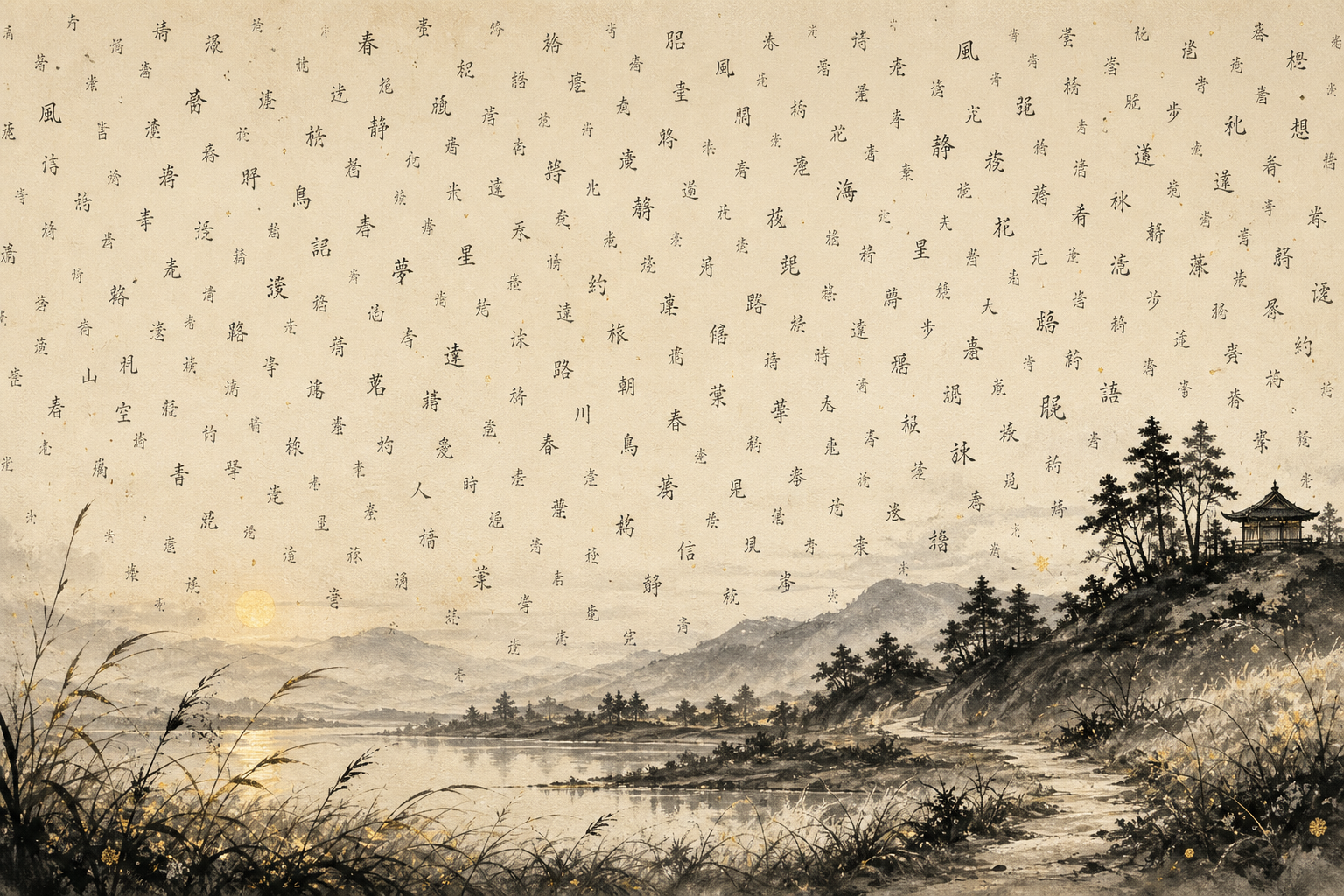 Ink-style Japanese landscape with hundreds of kanji drifting across the sky for Koto by Bokura AI.
