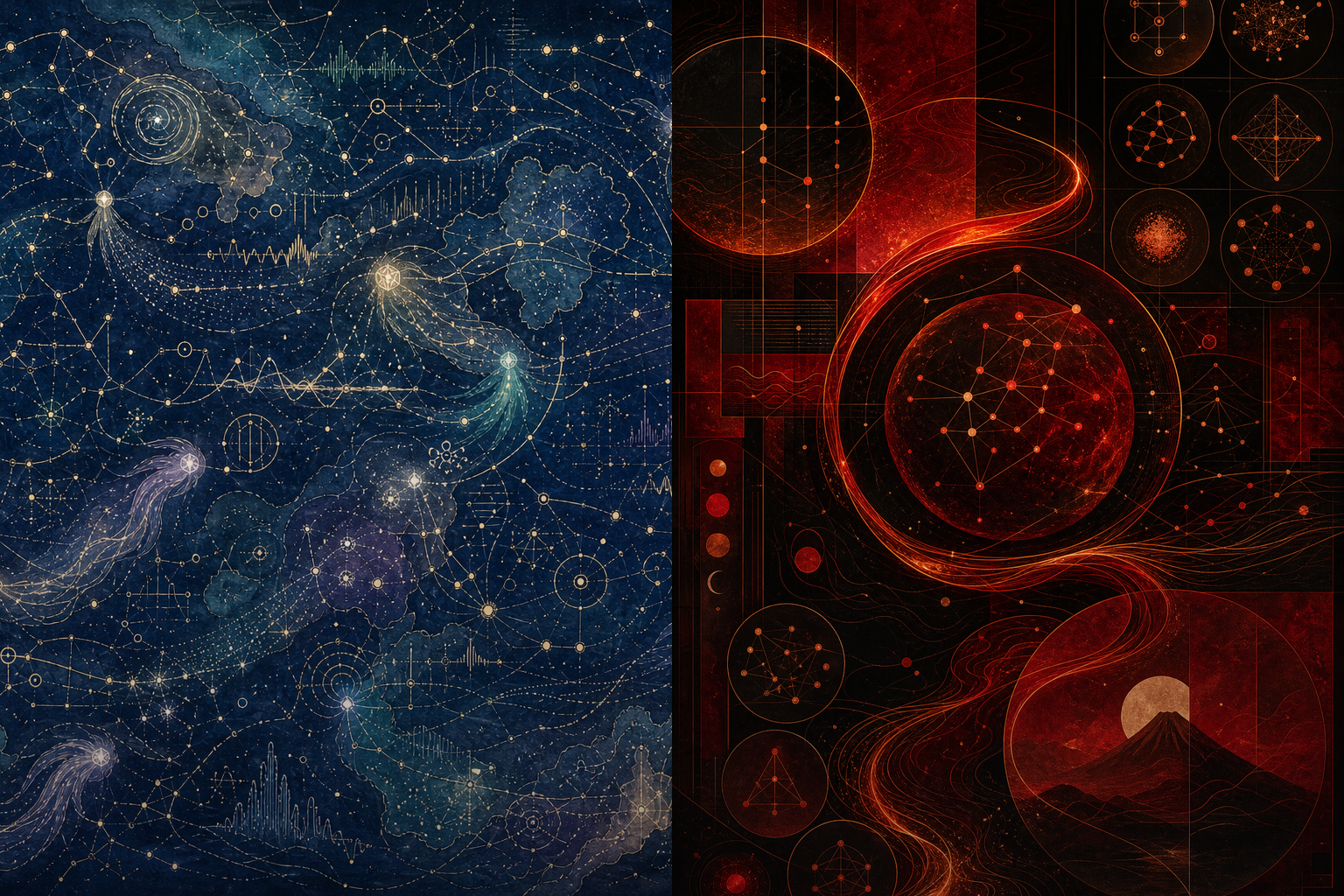 Two abstract research-map worlds representing proceedings-scale paper-theme maps.